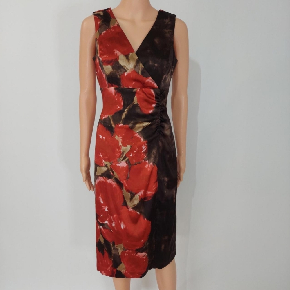 Donna Ricco Silk Floral V Cut Midi Dress Brown Red Wrap Top Elegant Classy Sz 10